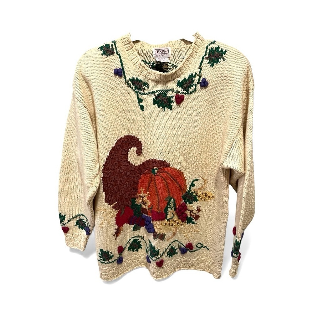 PBJ Autumn Design Vintage Sweater Orange Yellow Knit, Size L, Colorful.